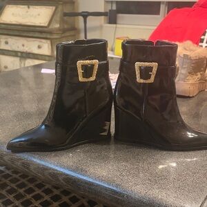 Sam Edelman Black Wedge Boots with Gold Buckle